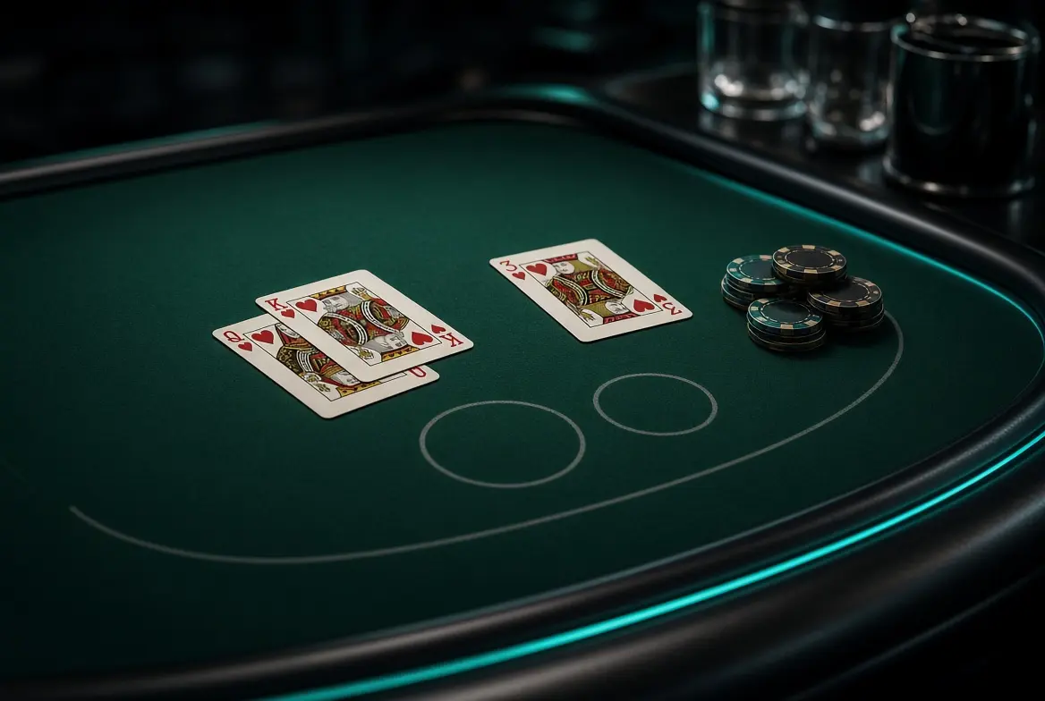 Blackjack table with three cards forming a heart flush and chips on a side-bet spot