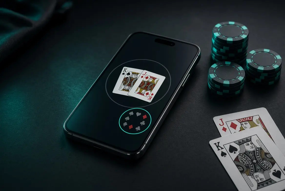 Smartphone showing a blackjack side-bet interface next to cards and chips