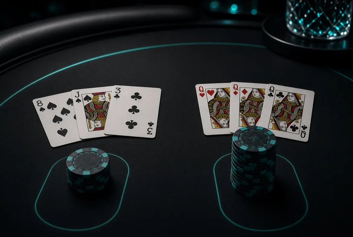 Two three-card hands compared: modest combination versus three of a kind