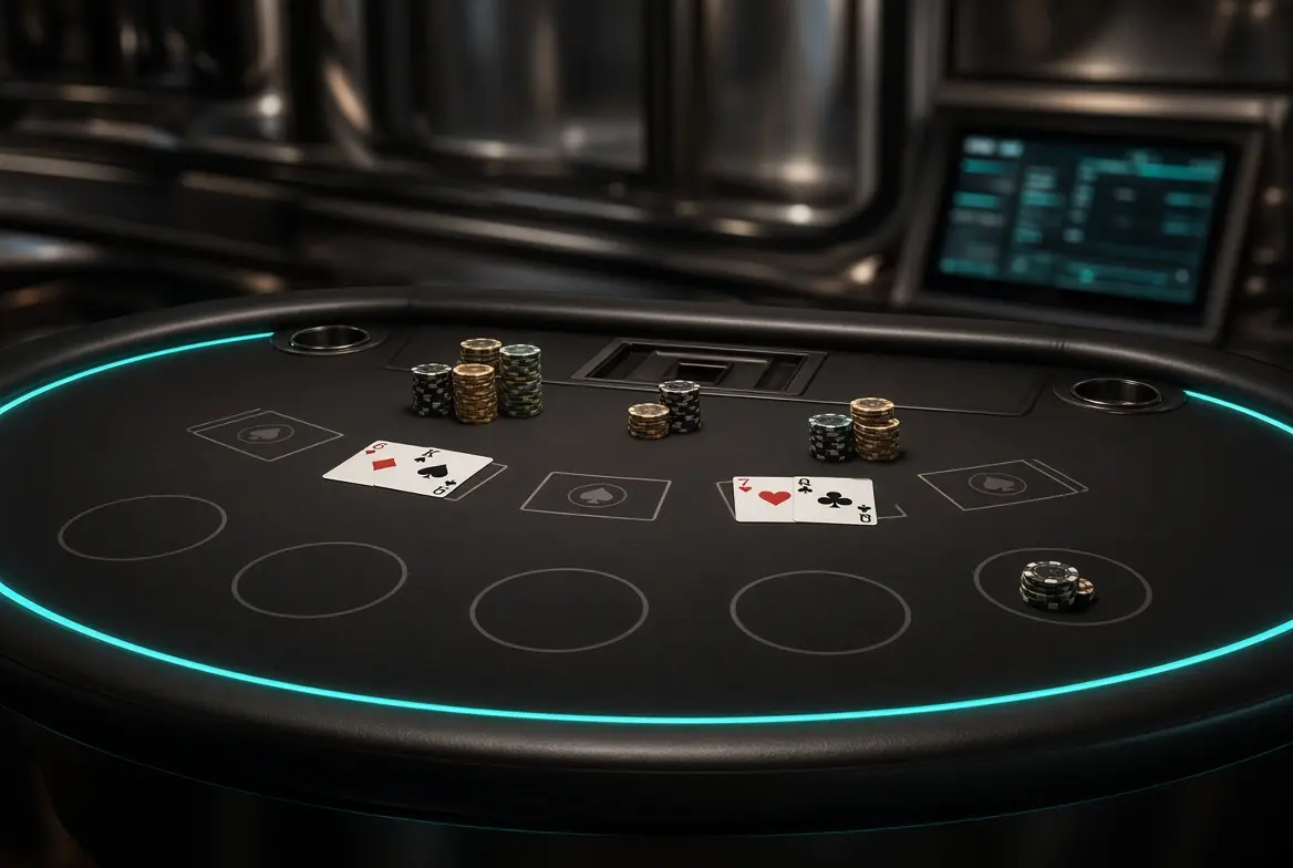 Wide premium blackjack table with main bets, side-bet spots and teal lighting