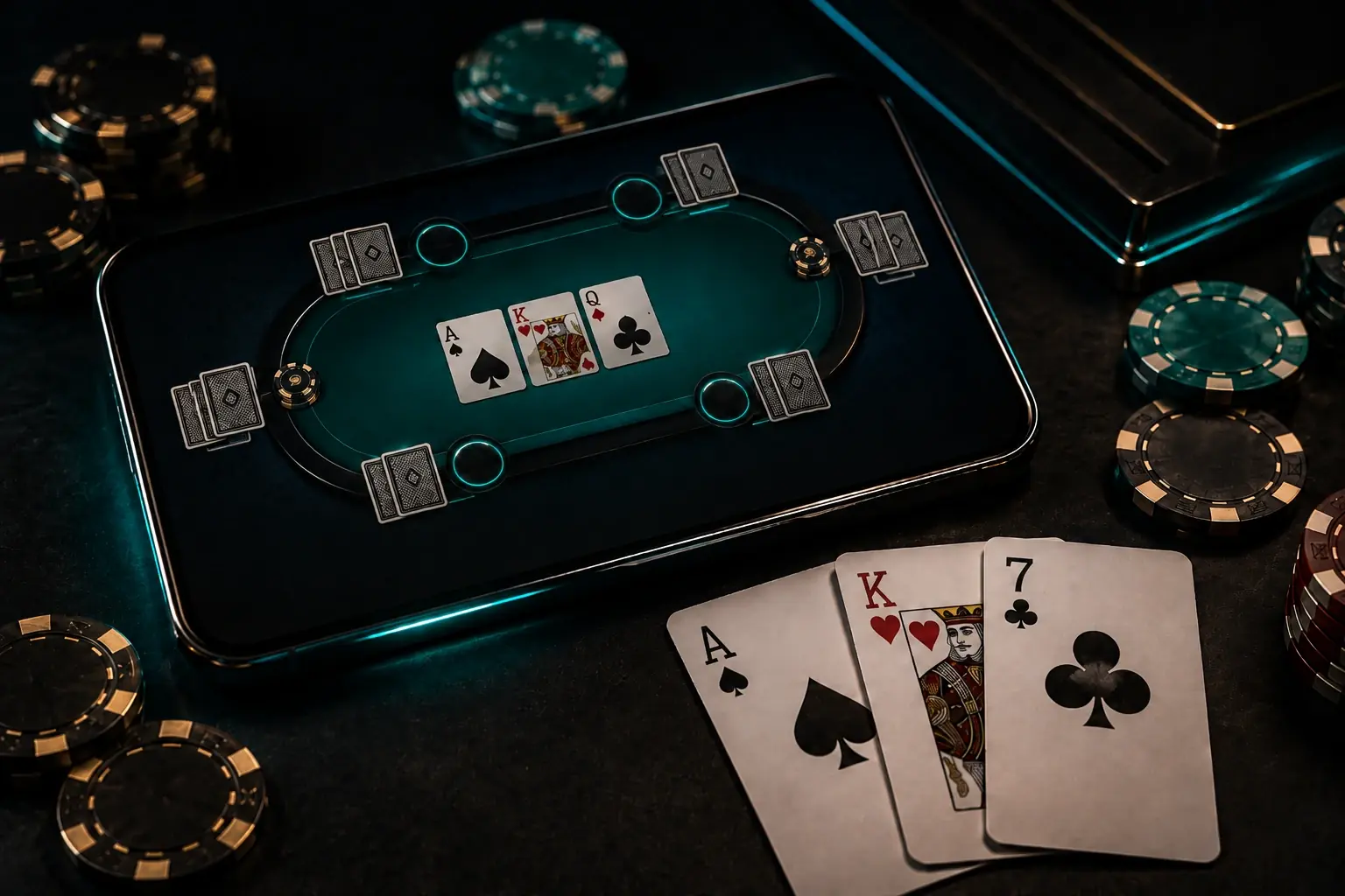 Online Teen Patti table on a mobile device beside playing cards and casino chips