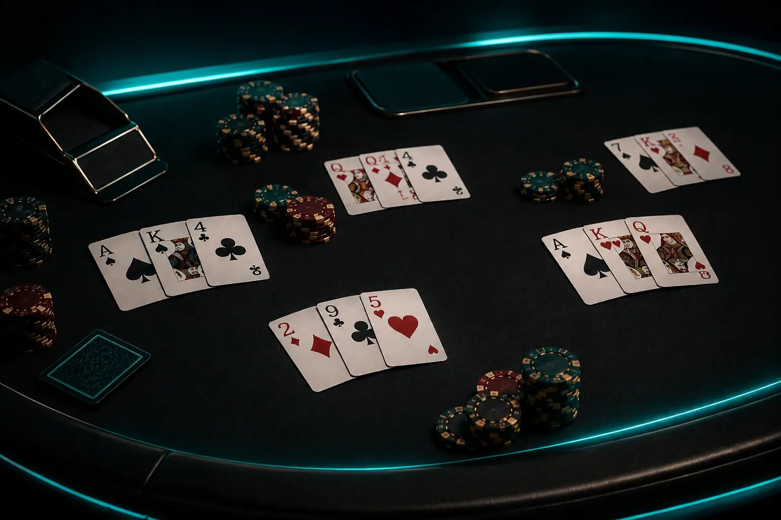 Wide Teen Patti table with multiple three-card hands and casino chips