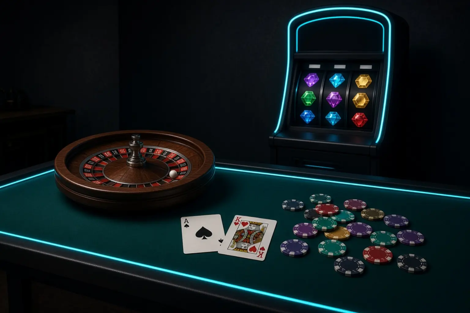 Roulette wheel, Ace and King, casino chips and a video slot cabinet on a teal felt table with cyan LED lighting