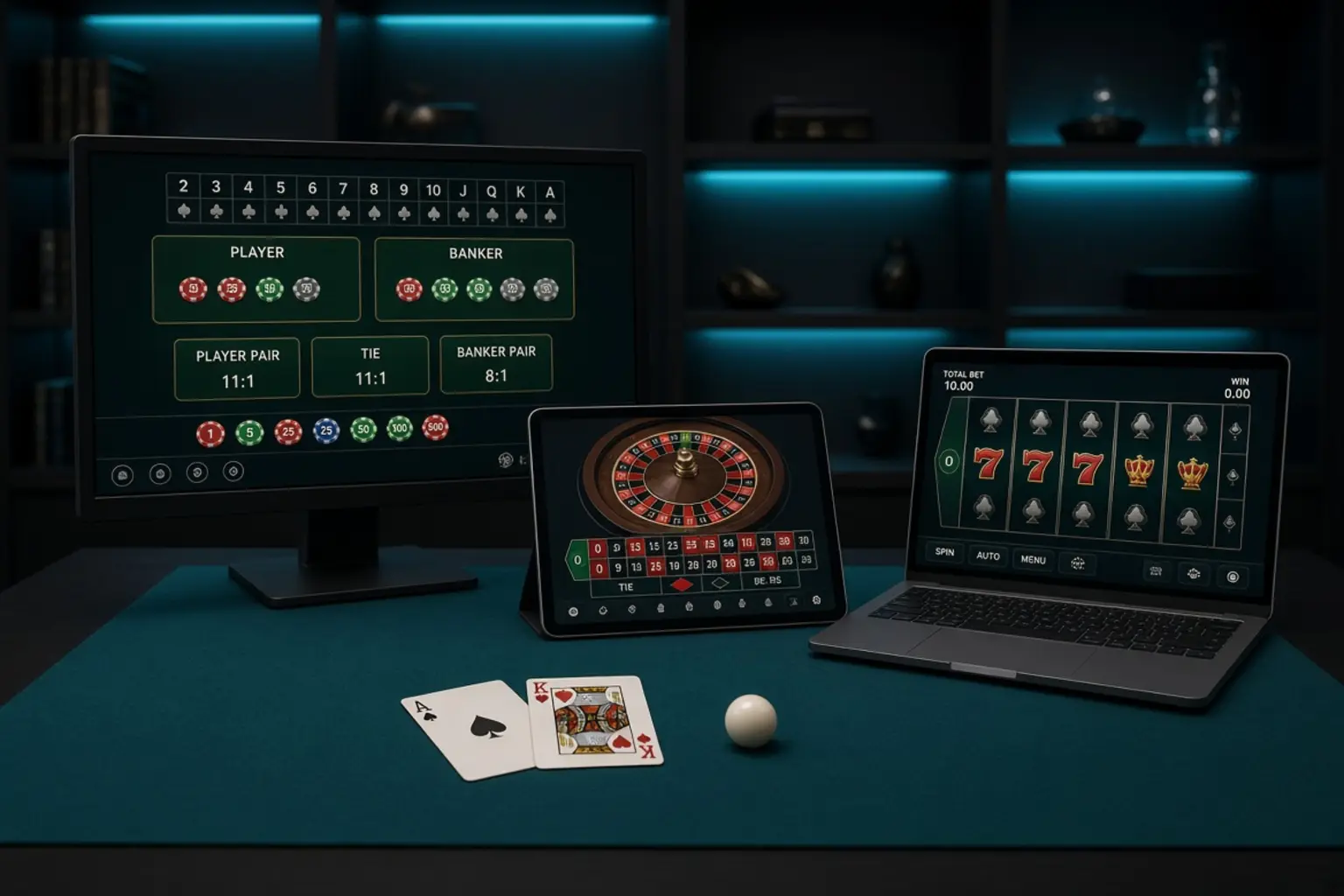 Online casino lobby with baccarat, roulette and slot screens on a teal desk