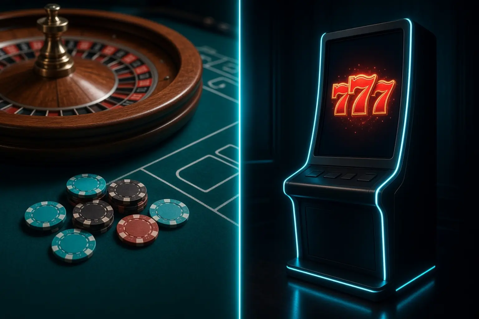 Roulette table with chips compared to a slot machine showing 777 as high-upside play