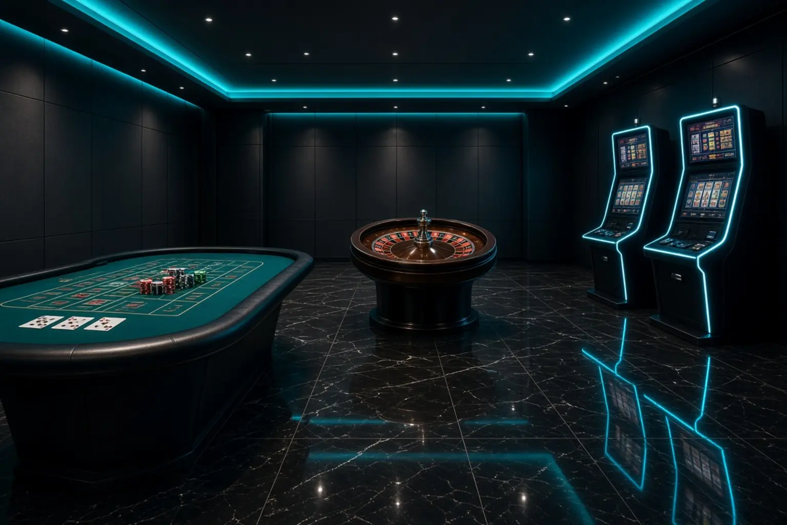 Dark casino hall with a card table, roulette wheel and two slot machines under cyan lights