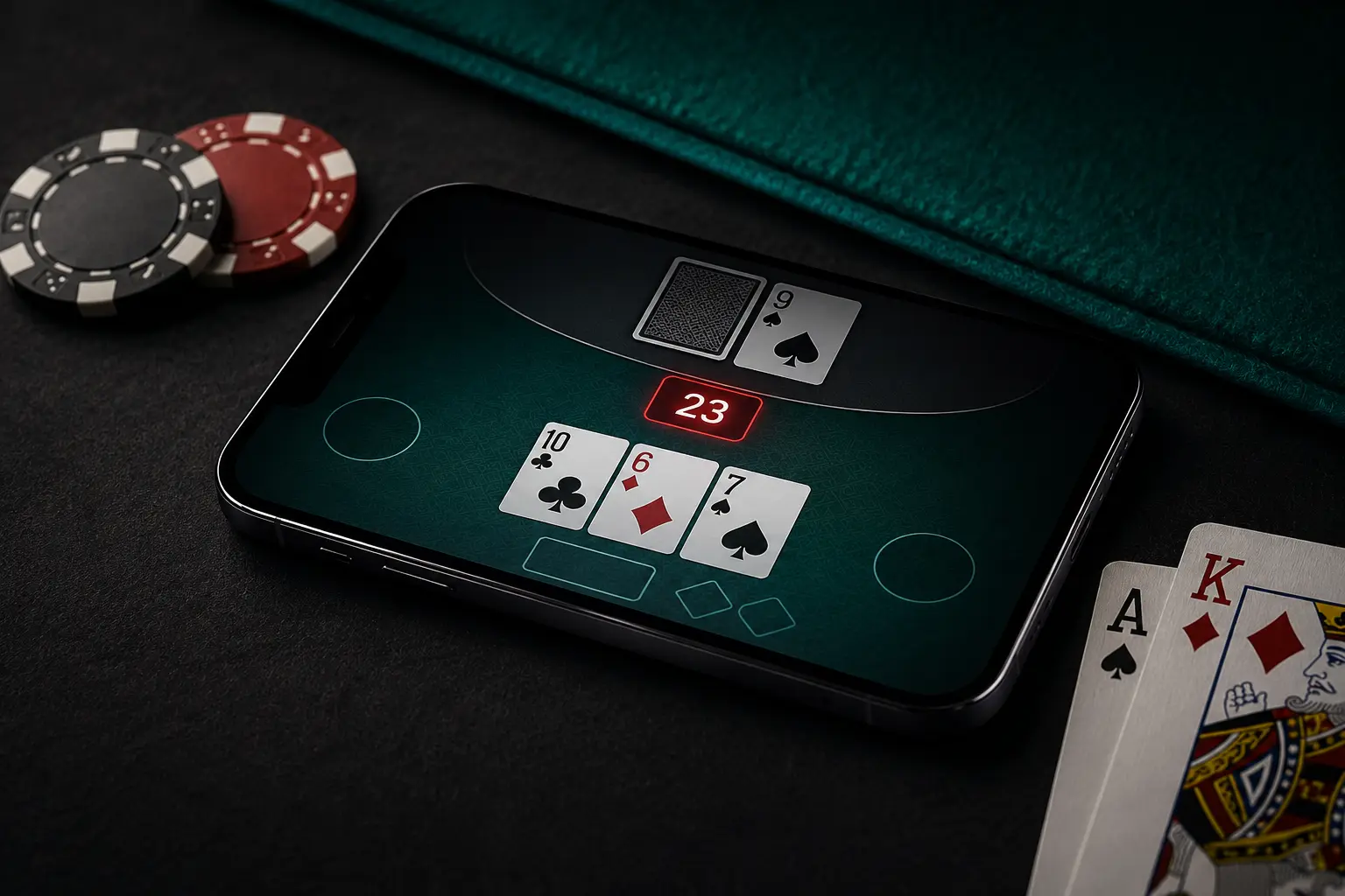 Mobile blackjack game displaying a bust total of 23
