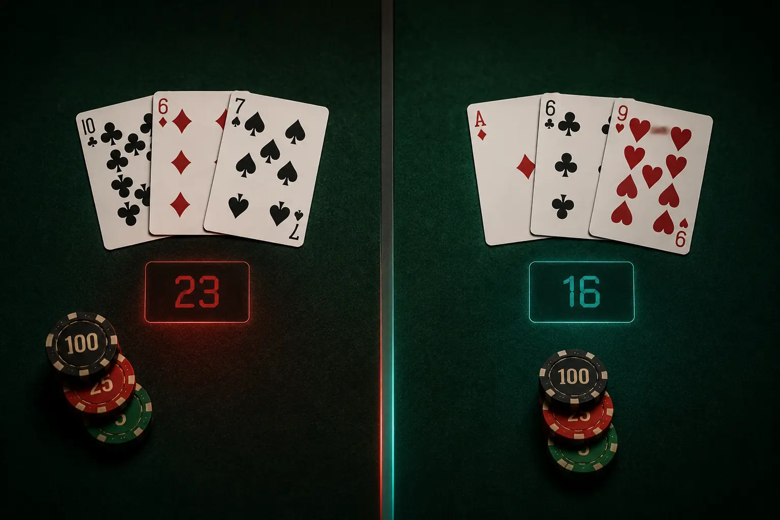 Hard blackjack bust compared with a surviving soft ace hand
