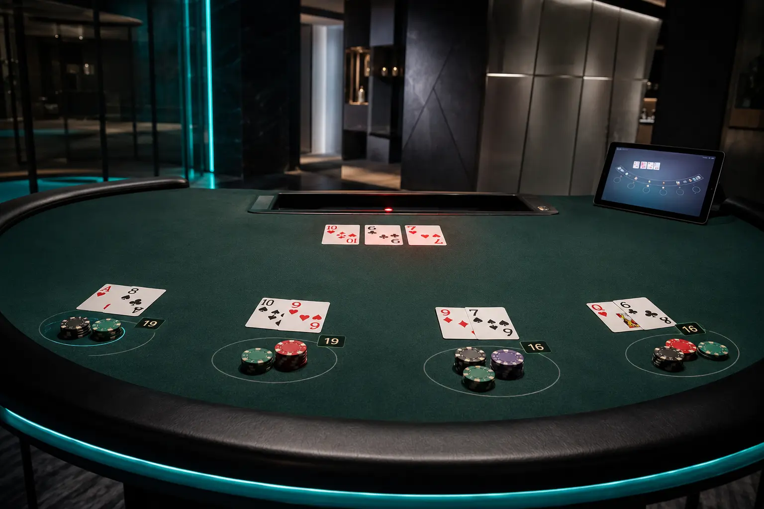 Dealer bust hand with surviving player hands at a blackjack table