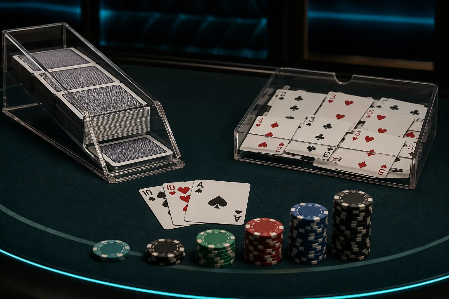 Blackjack card counting setup with depleted shoe, discarded low cards and larger bets