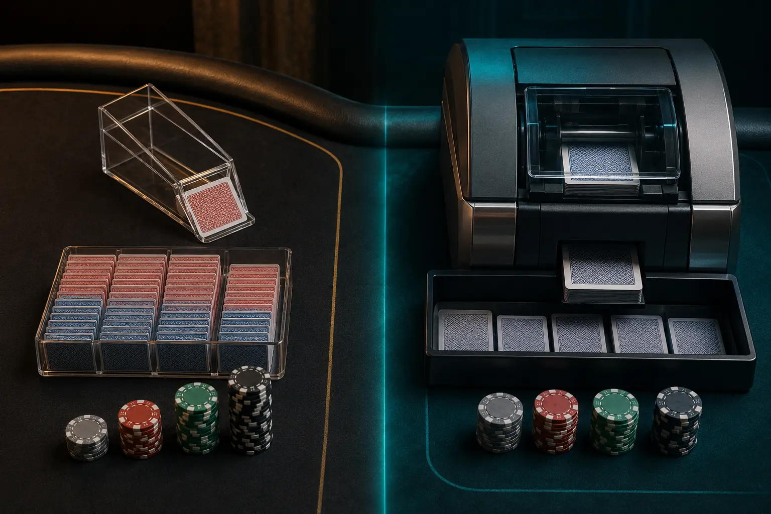 Blackjack shoe compared with a continuous card shuffling machine