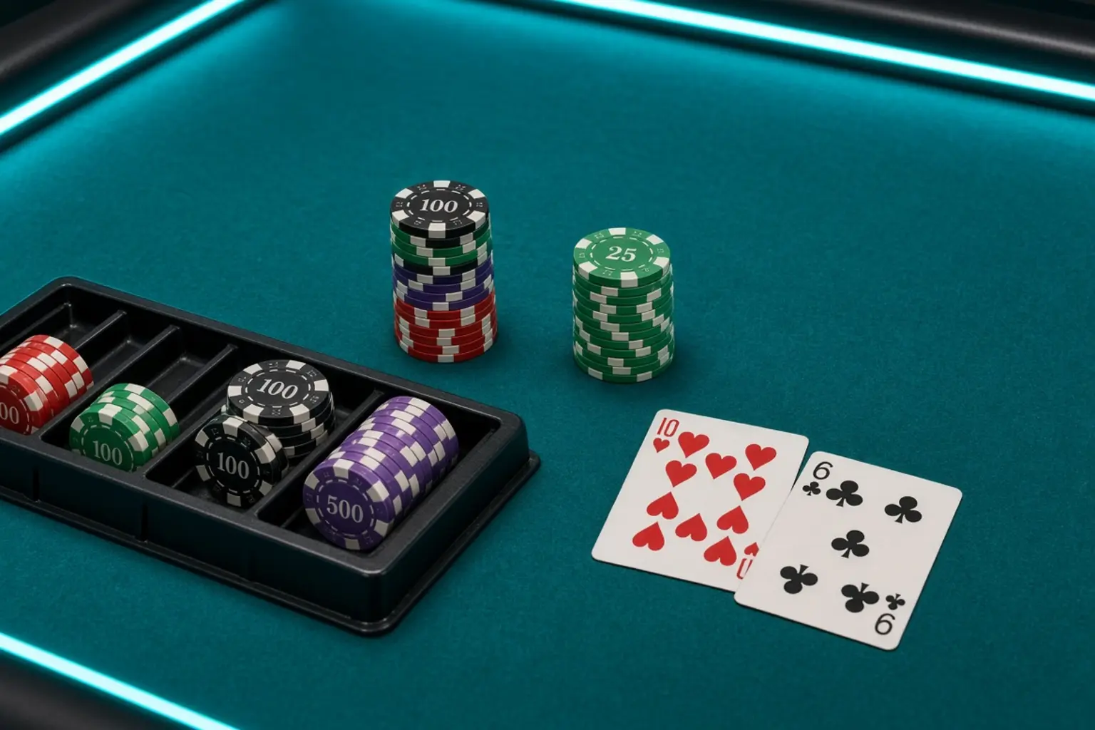 Two matching chip stacks, ace and king, tablet and roulette on a teal felt table