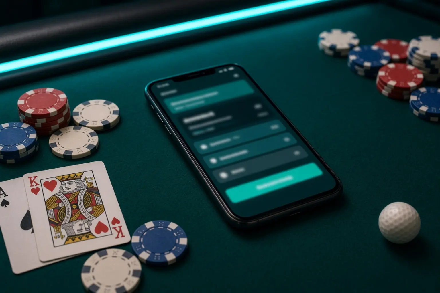 Smartphone with a blurred cashier screen among chips and cards on a casino table