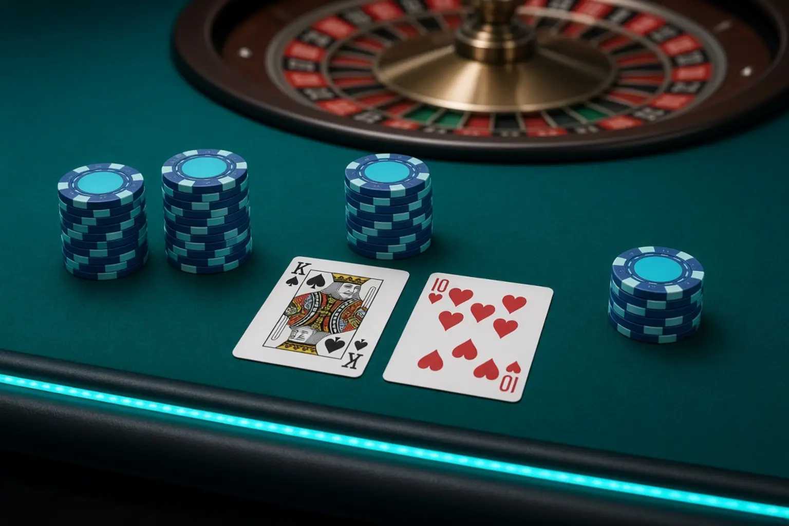 Several chip stacks of different sizes in front of a roulette wheel
