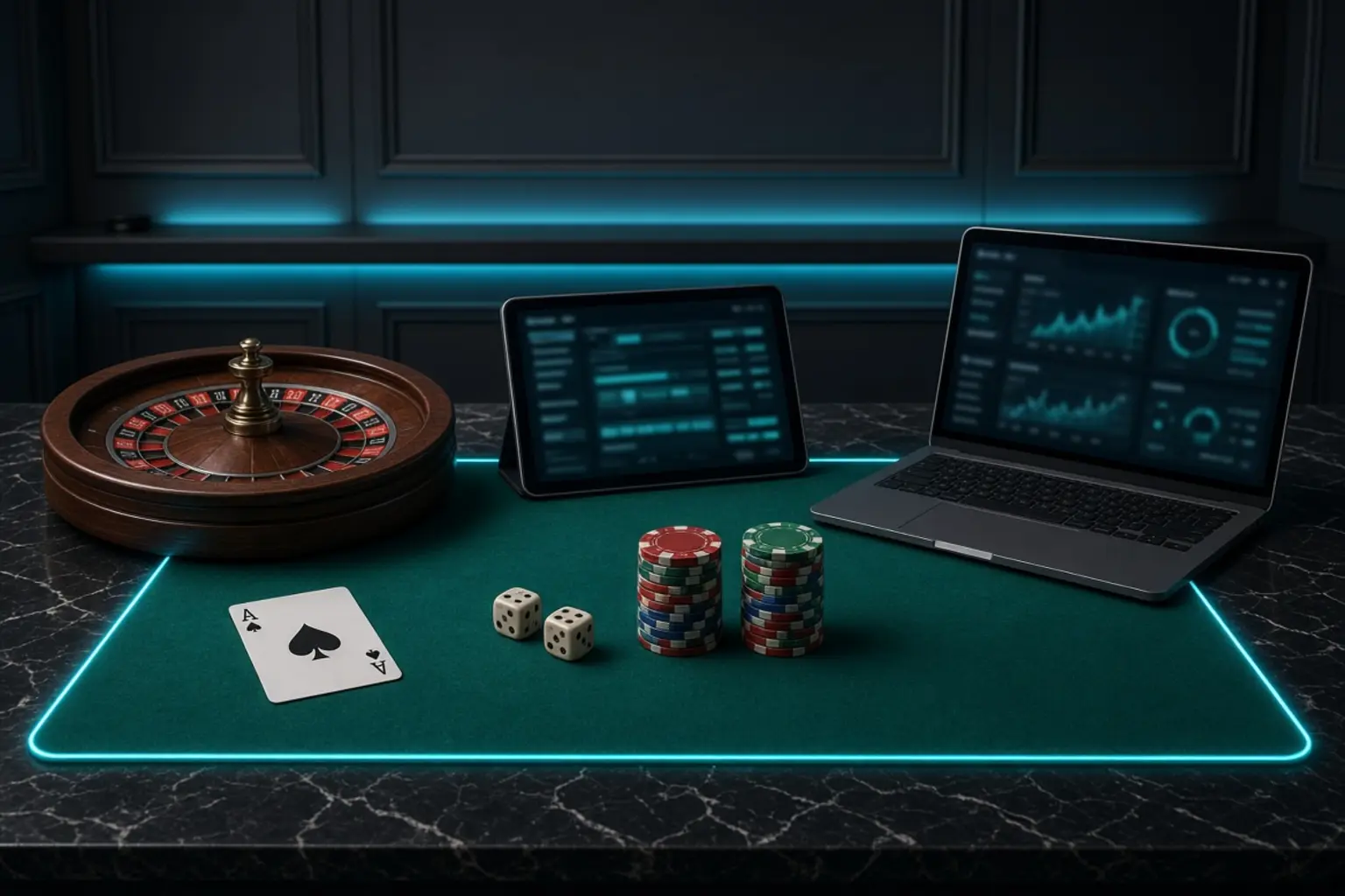 Wide desk with roulette, tablet, laptop and two matched chip stacks on cyan-edged felt