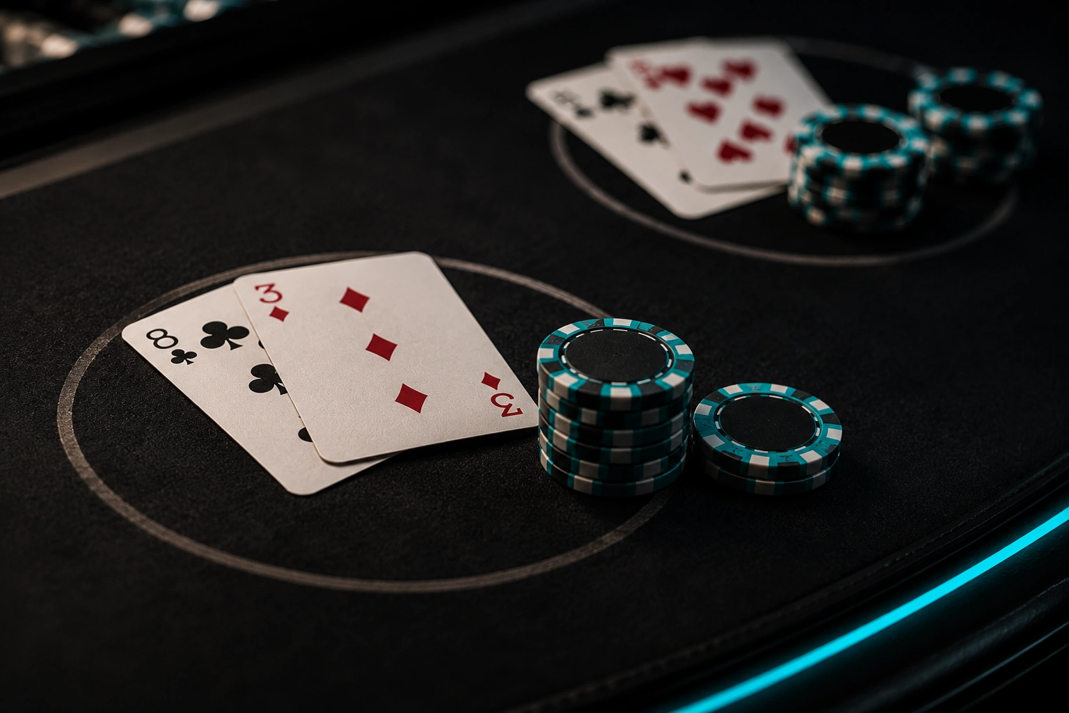 Close-up of a blackjack split hand with chips on a dark casino table