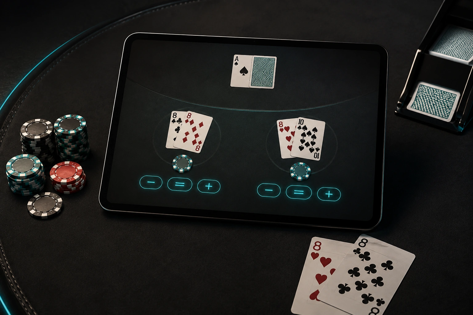 Online blackjack on a tablet showing split hands and double options