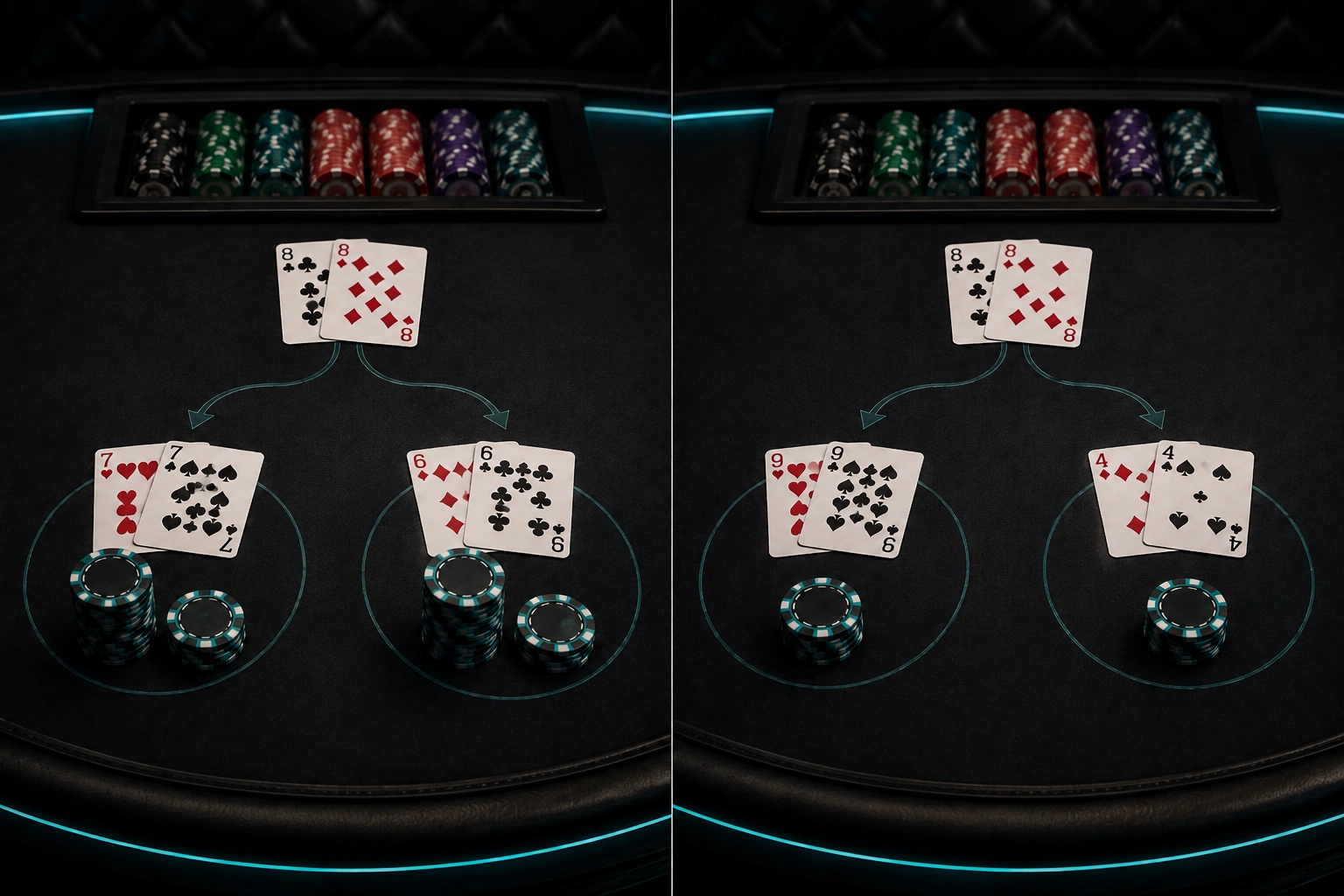 Comparison of split blackjack hands and chip stacks on a casino table
