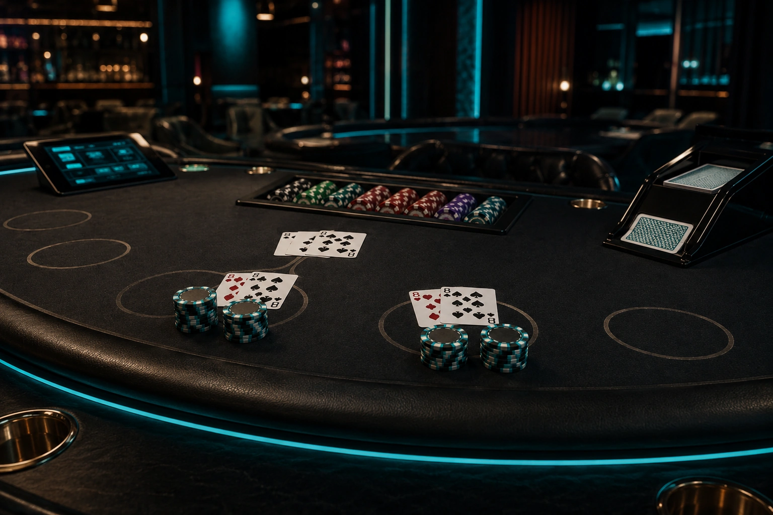 Wide premium blackjack table scene with split hands and online casino atmosphere