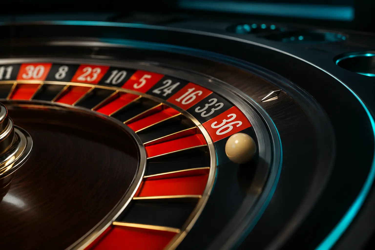 Roulette wheel with the highest number 36 in focus