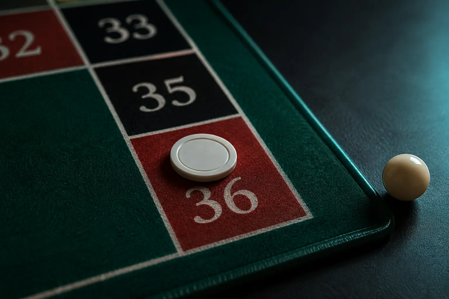 Casino chip placed on the number 36 roulette betting cell