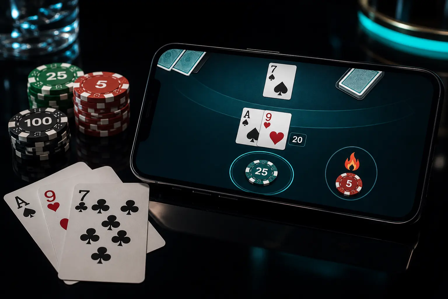 Mobile blackjack interface with separate main and Hot 3 bets