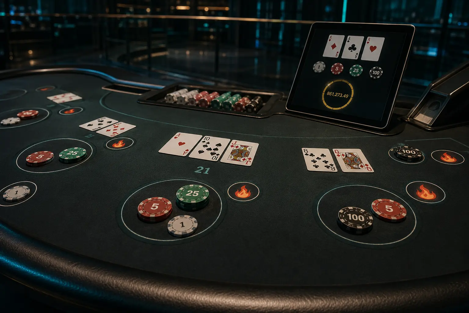 Premium online blackjack table with Hot 3 side bets and jackpot display