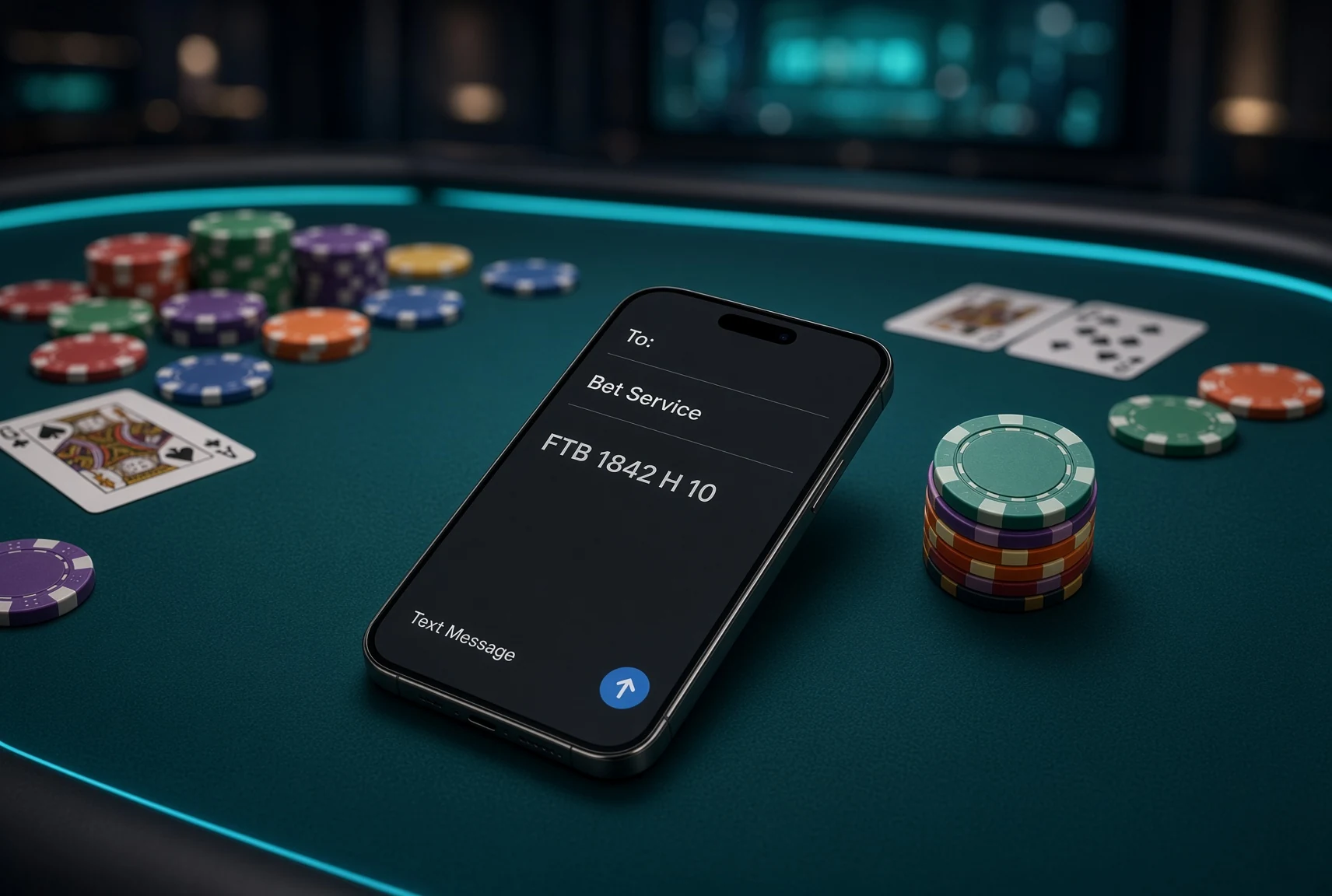 Phone on a casino table with an SMS bet draft