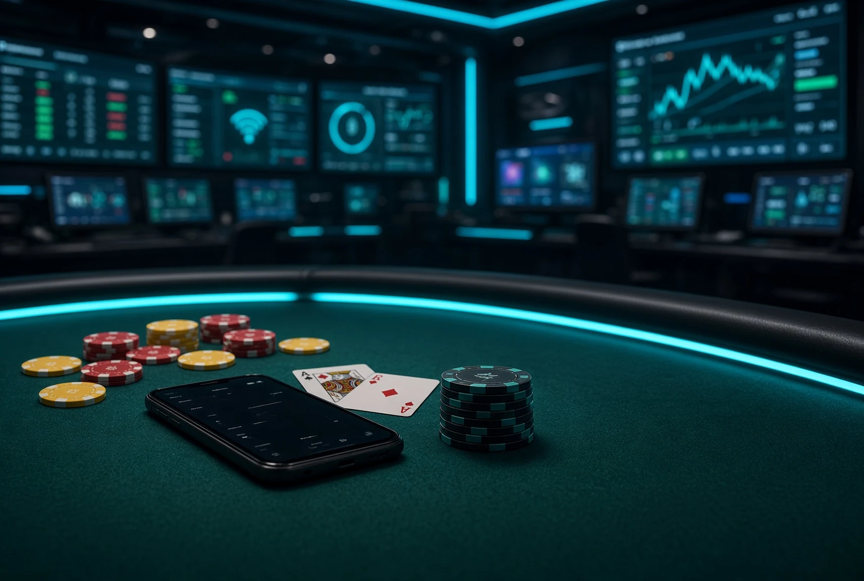 Wide table with a phone ready to send a bet