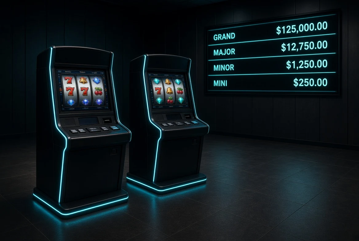 Jackpot hall with meter and slot cabinets