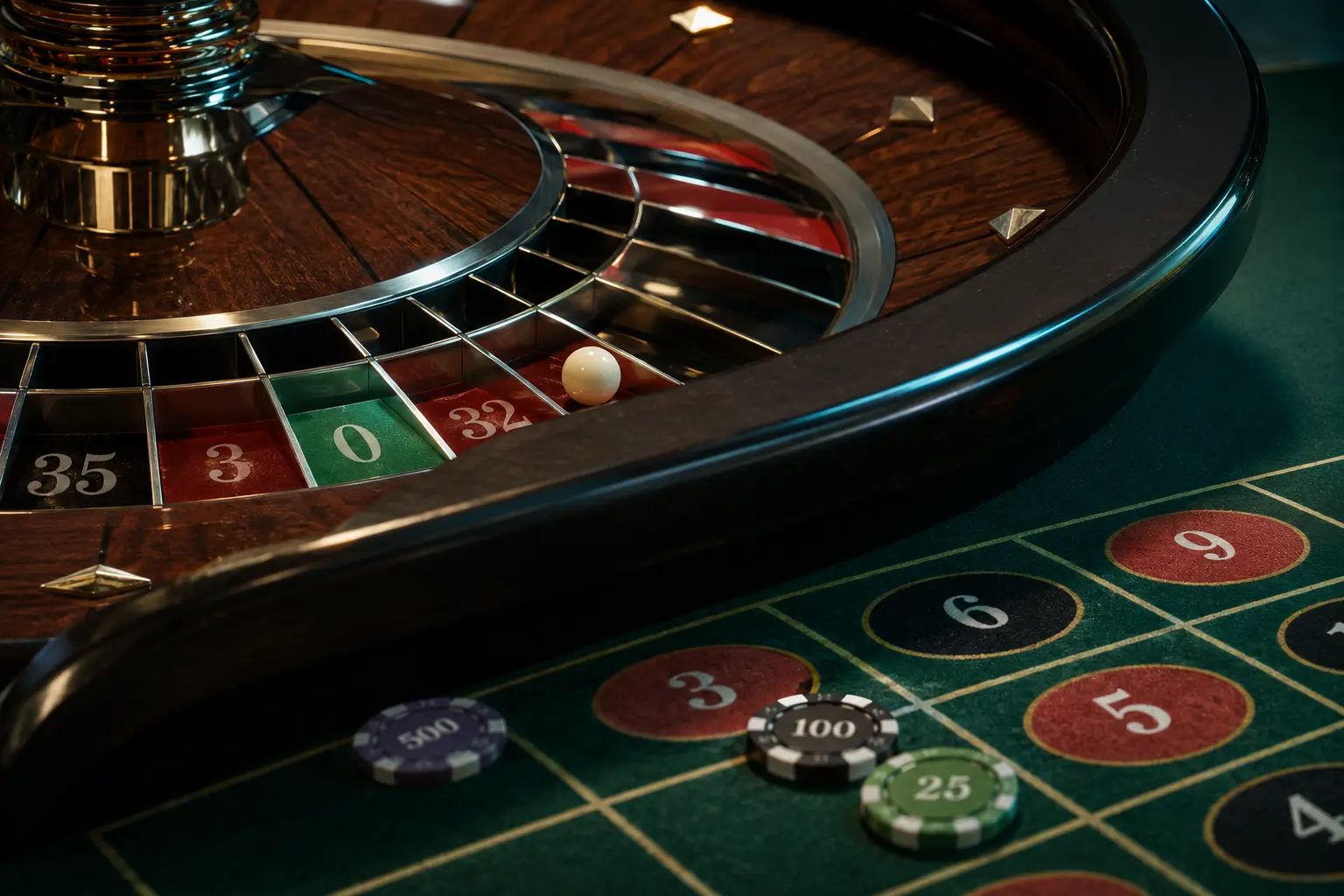 Single-zero European roulette wheel with ball and betting chips