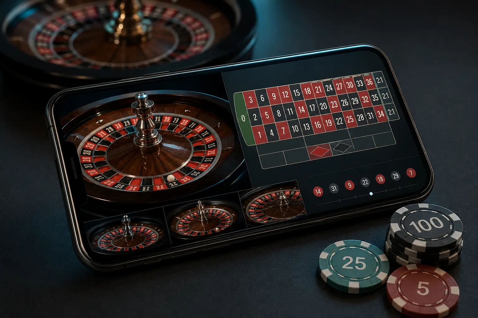 Immersive Roulette mobile interface with multiple wheel camera views