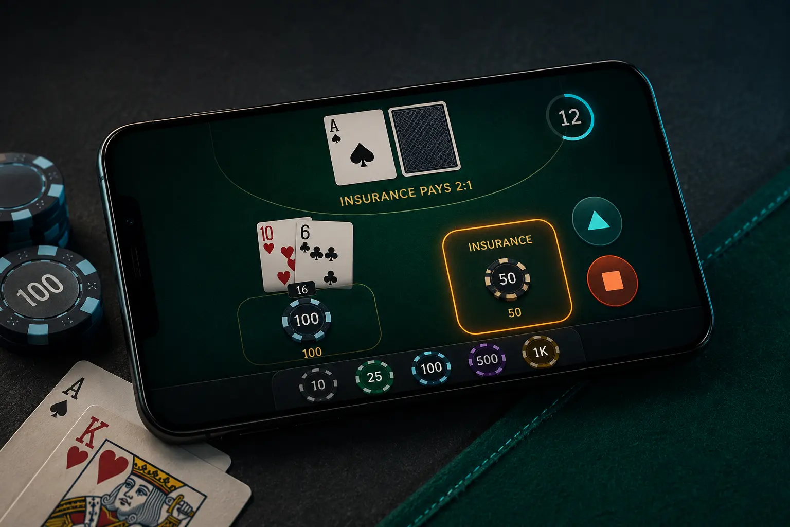 Mobile blackjack interface showing an insurance decision