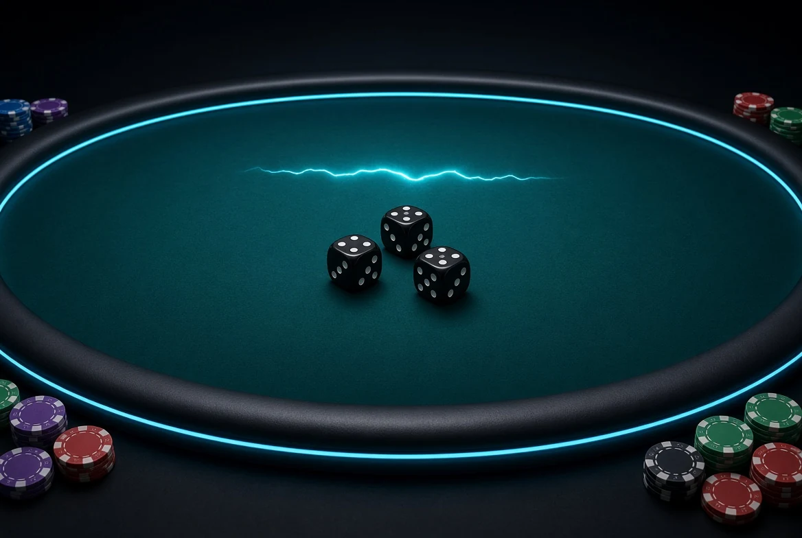 Three dice on a teal table with a thin cyan lightning streak