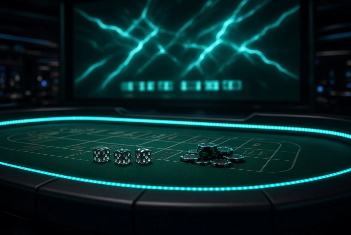Wide digital table with dice and a lightning multiplier screen