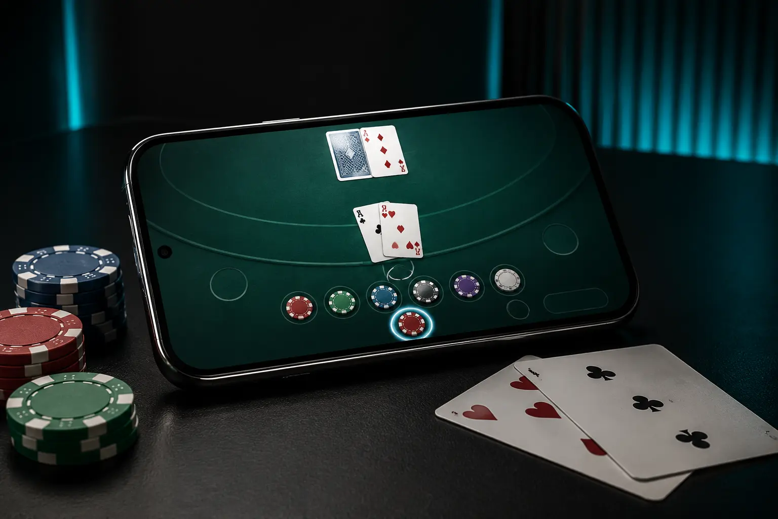 Online blackjack game on a smartphone with cards and chips