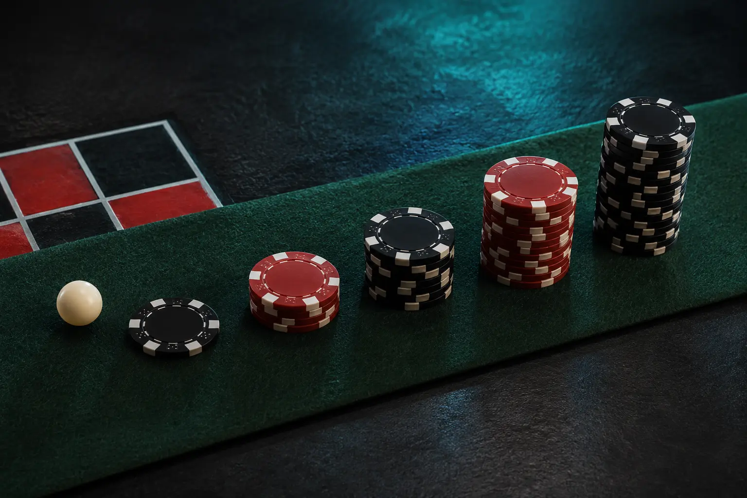 Increasing roulette chip stacks illustrating a progressive betting system