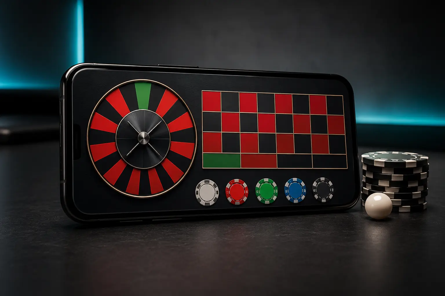 Online roulette interface on a smartphone with chips and roulette ball