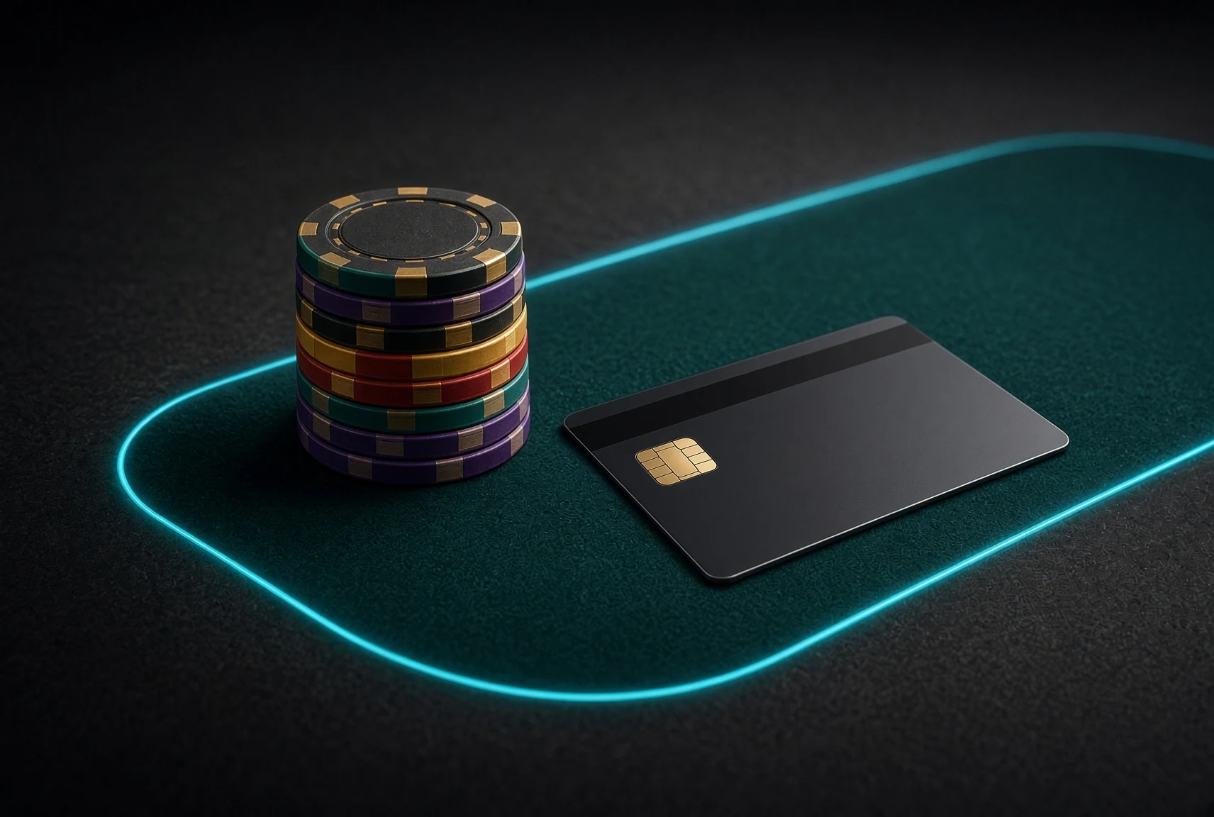 Chip stack and a blank credit card on a dark teal casino table