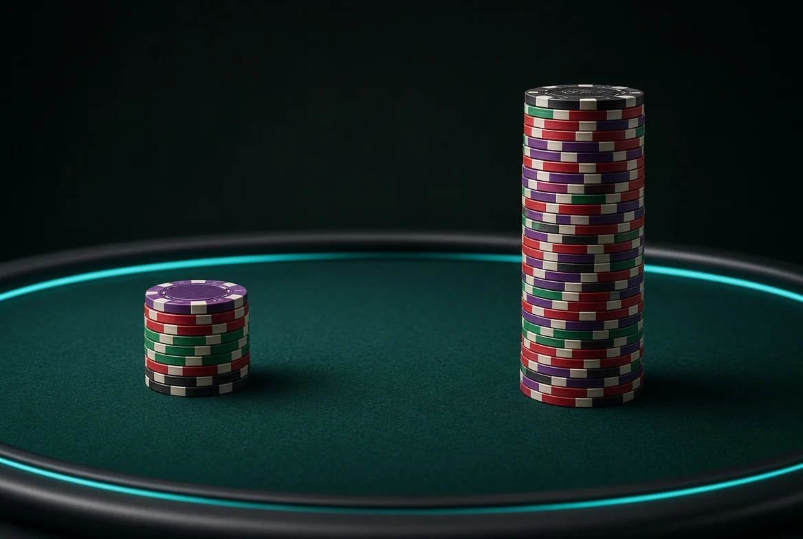 Small no-wagering chip stack compared with a tall match-bonus tower