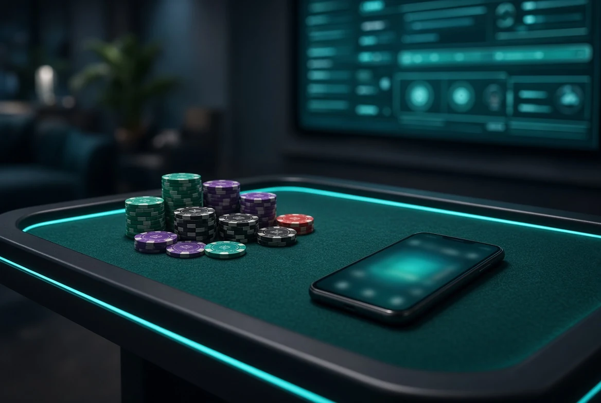 Wide online casino table with chips, phone and a glowing screen