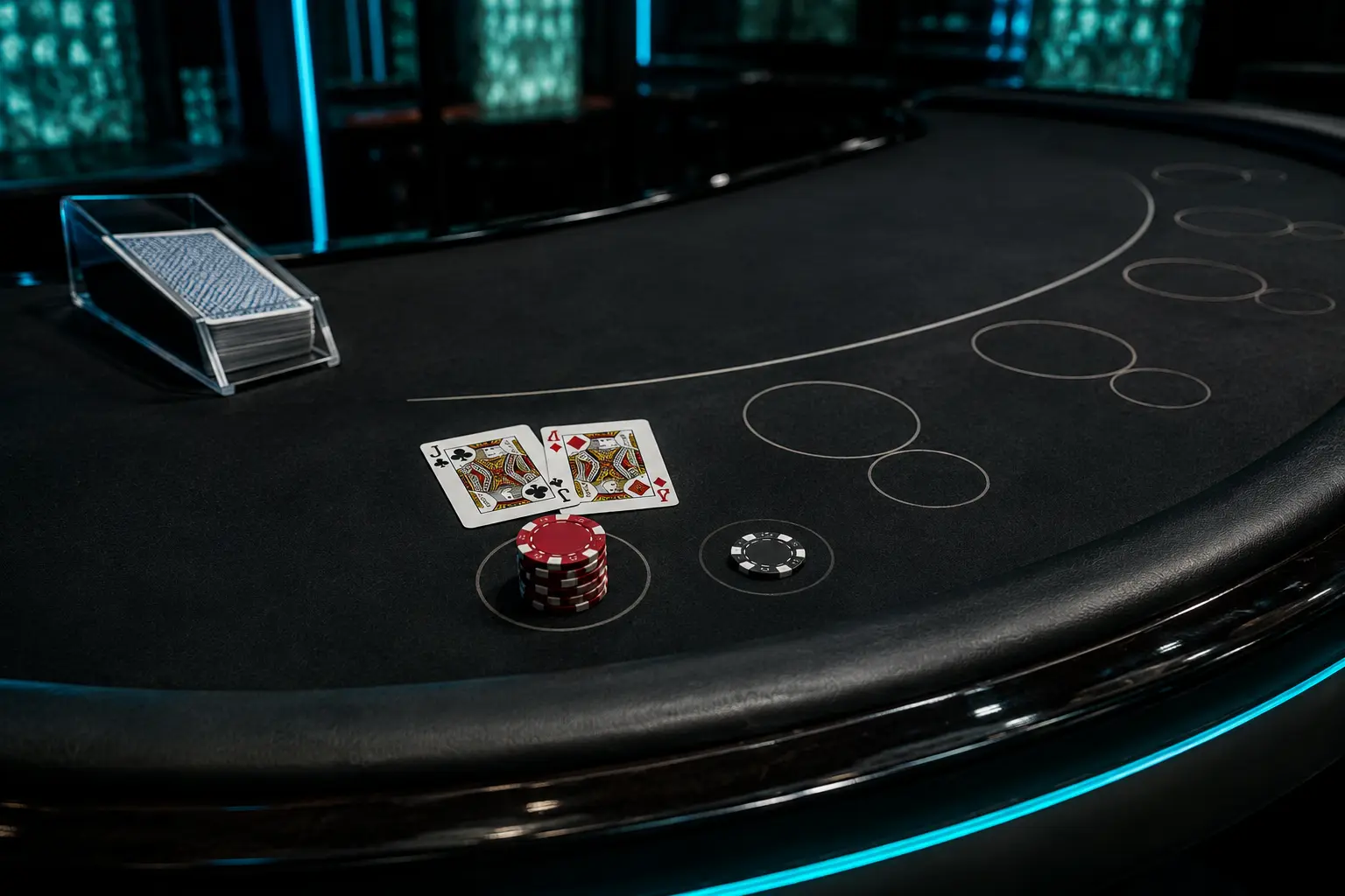 Mixed pair of jacks with main and side bet chips on a blackjack table