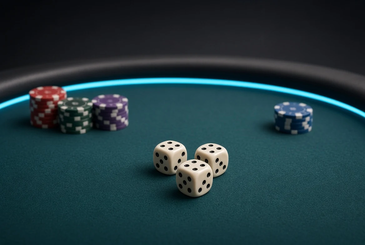 hree dice and chips on a dark teal Sic Bo table