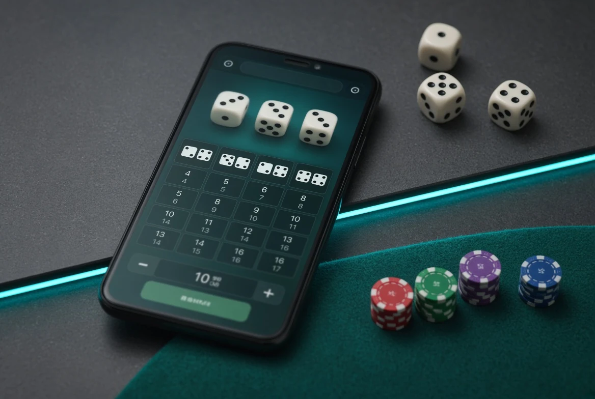 Smartphone with an online Sic Bo table next to dice and chips