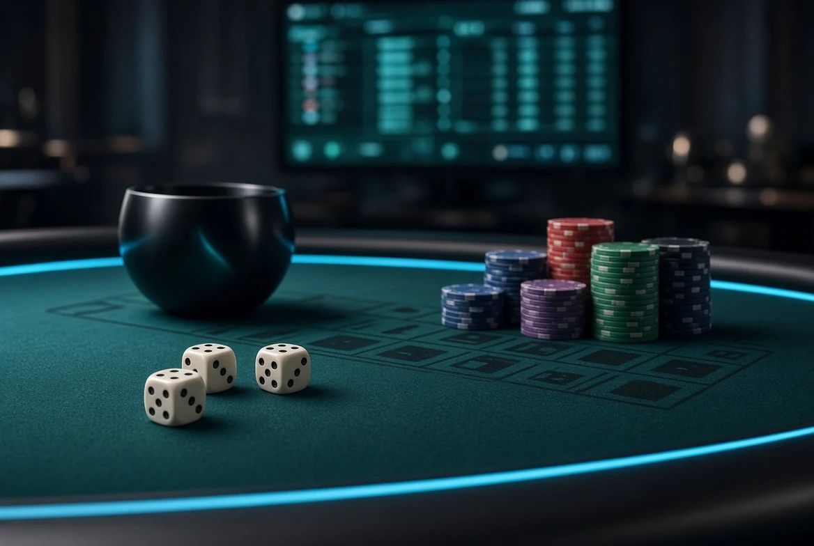 Wide online casino Sic Bo table with dice, pot chips and a glowing screen