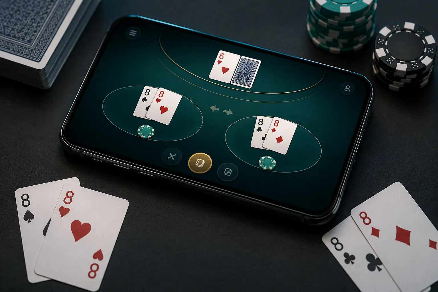 Online blackjack split hands displayed on a mobile phone