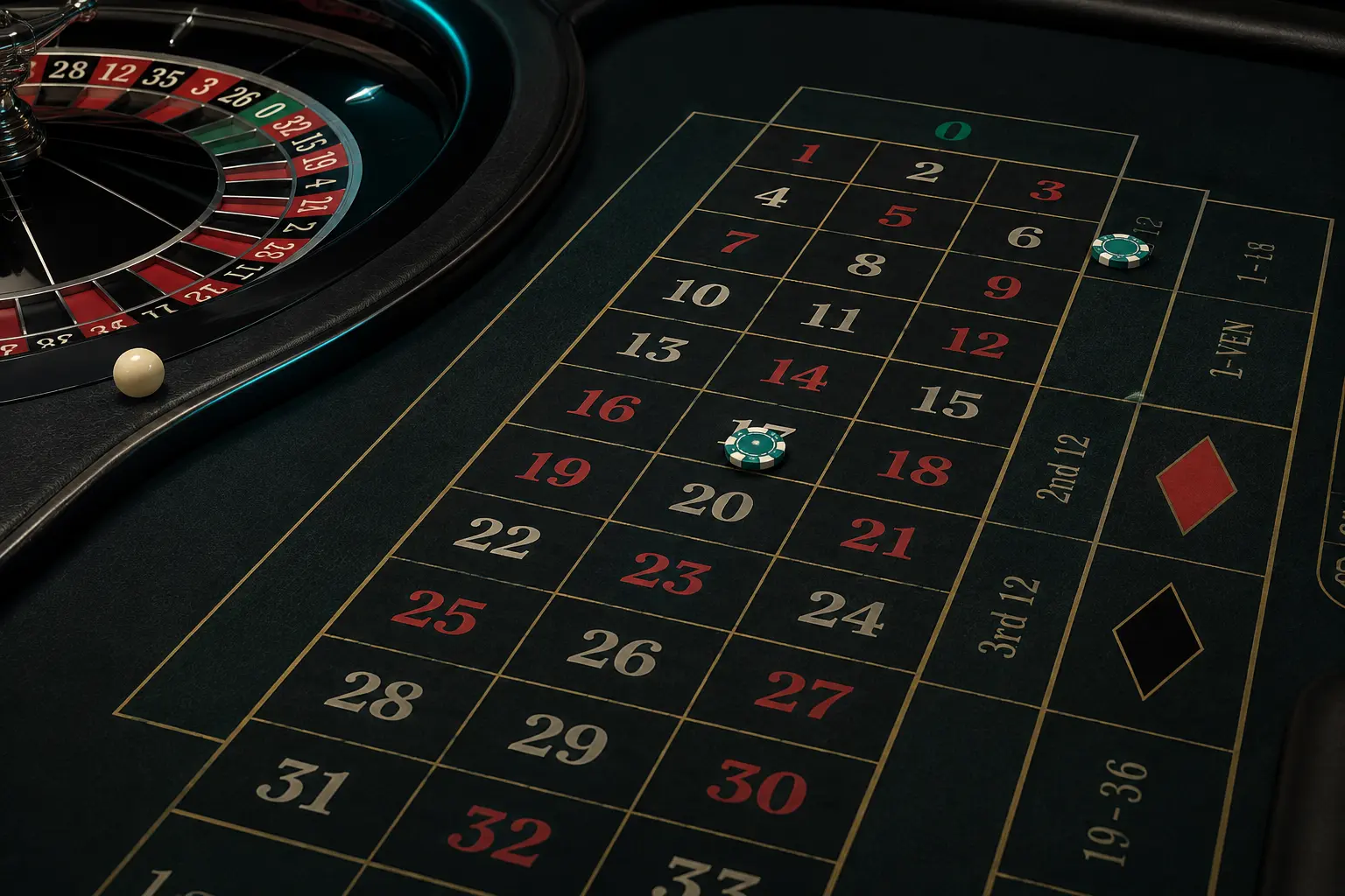 Street and straight up bets placed on a European roulette table