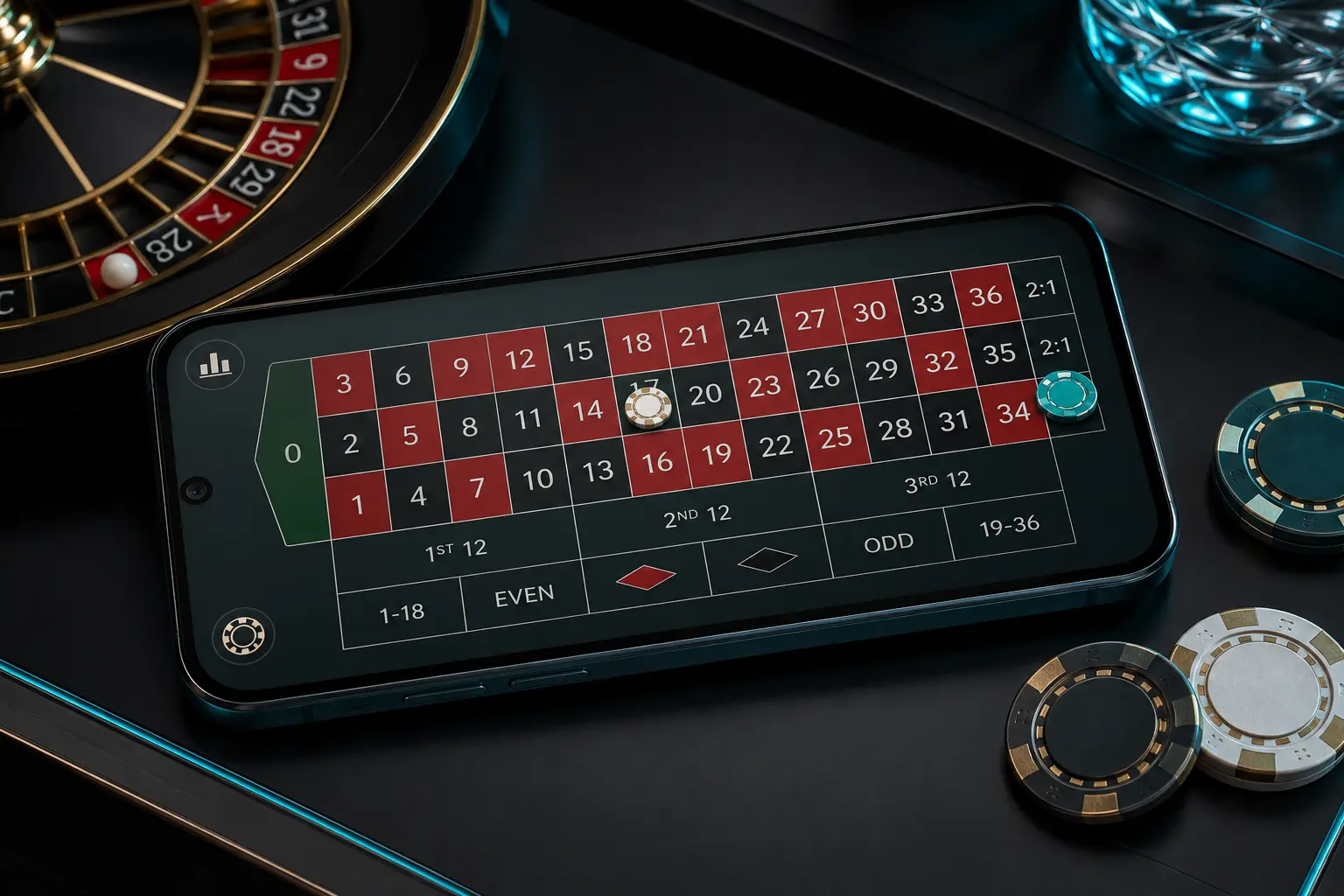 Street and straight up roulette bets displayed on a mobile phone