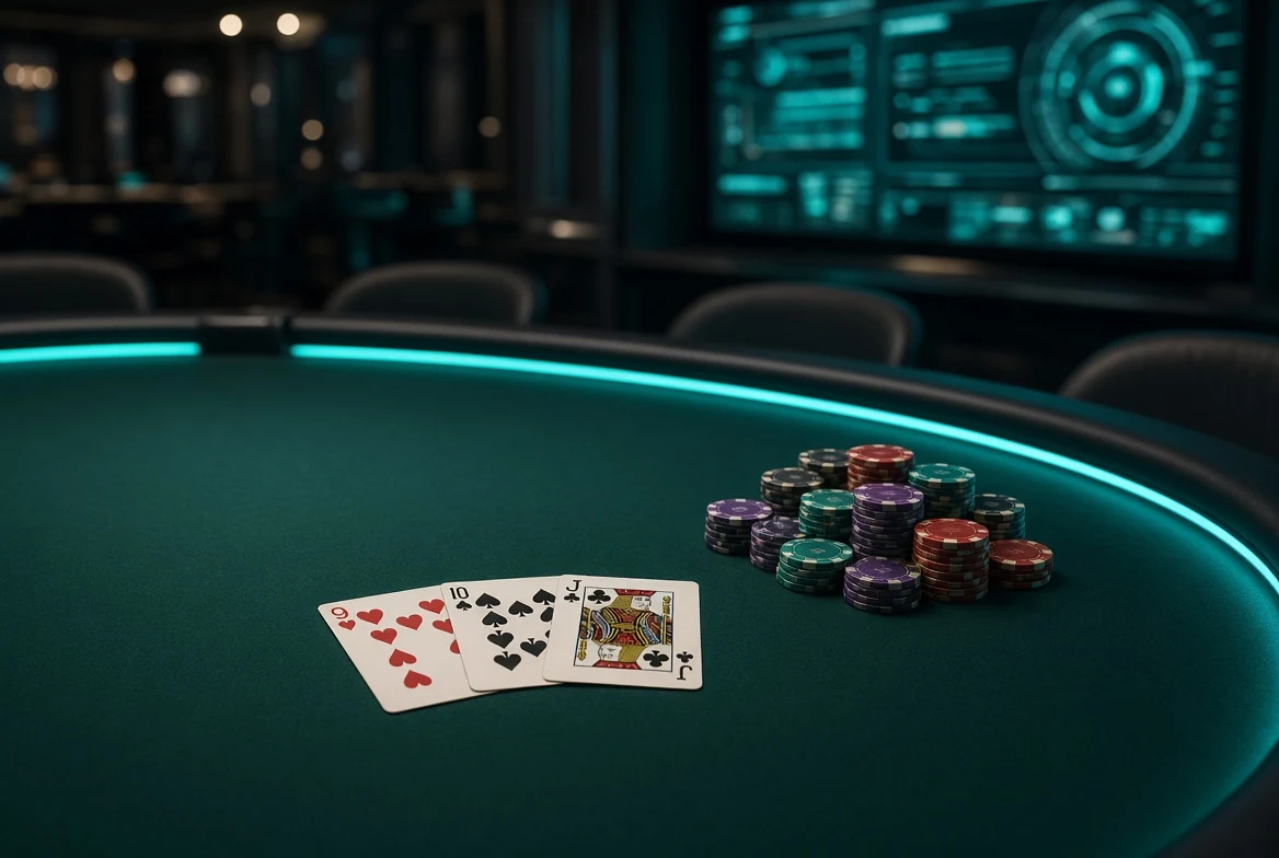 Wide dark online Teen Patti table with cards, pot and a glowing screen