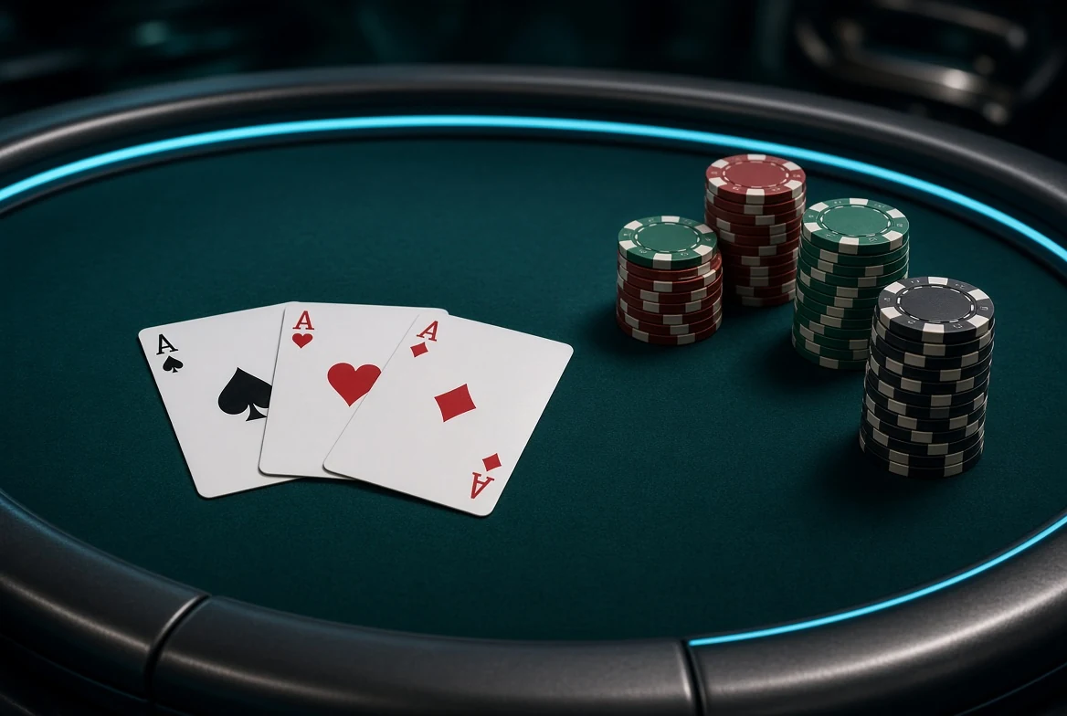 Three aces and small chip stacks on a dark teal-green Teen Patti table
